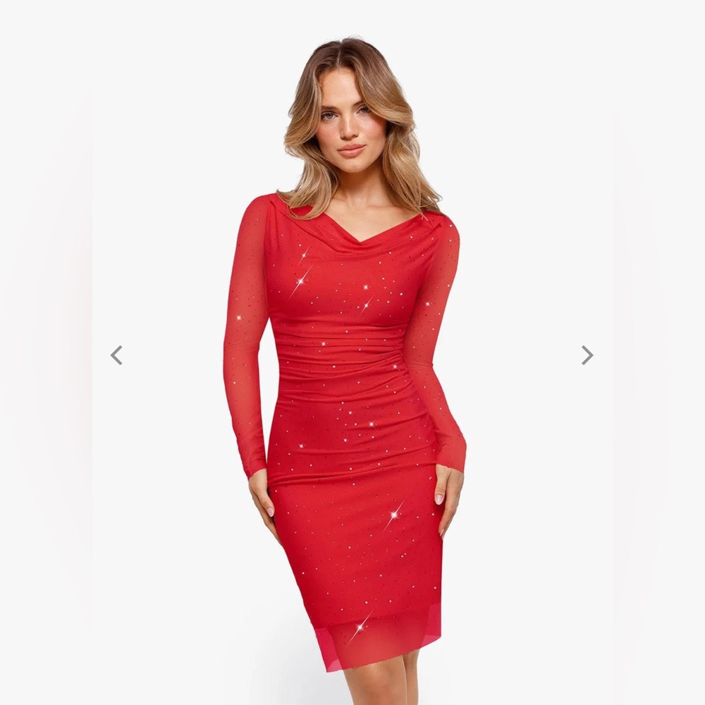 Popilush Shapewear Heat-Set Crystal Mesh Long Sleeve Slim Red Mini Dress